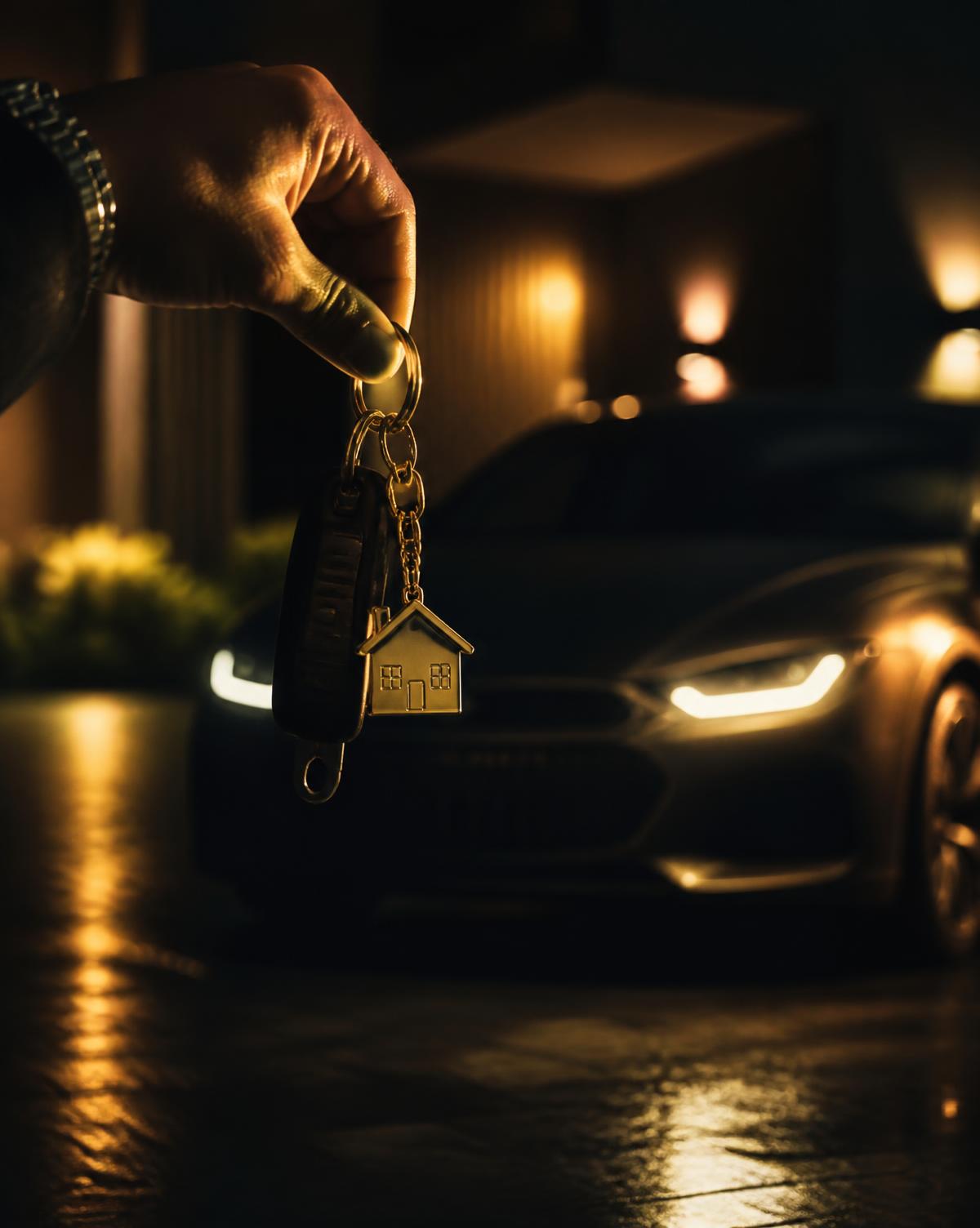 Mão segurando as chaves de um carro e de uma casa