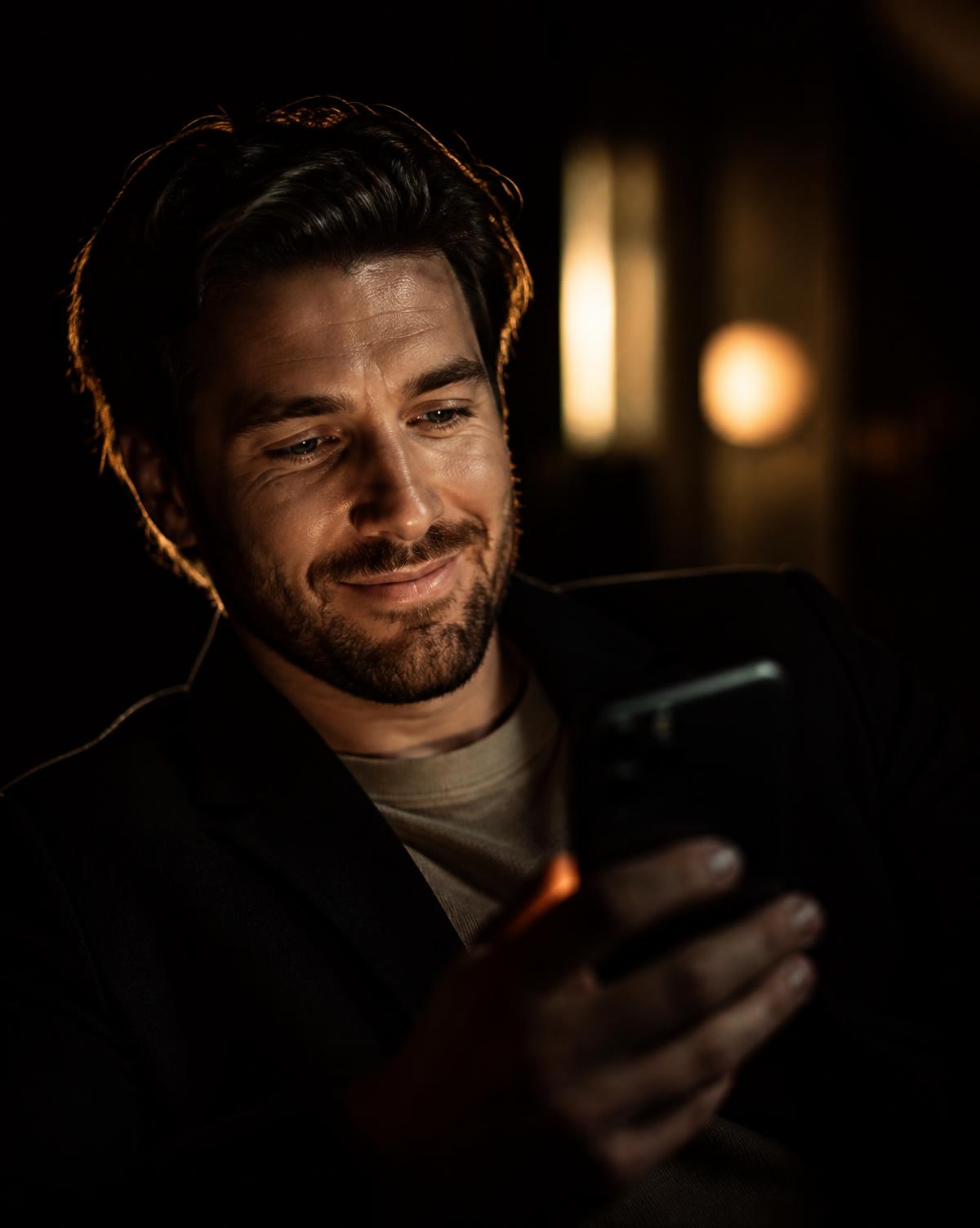 Homem sorrindo ao olhar o celular à noite