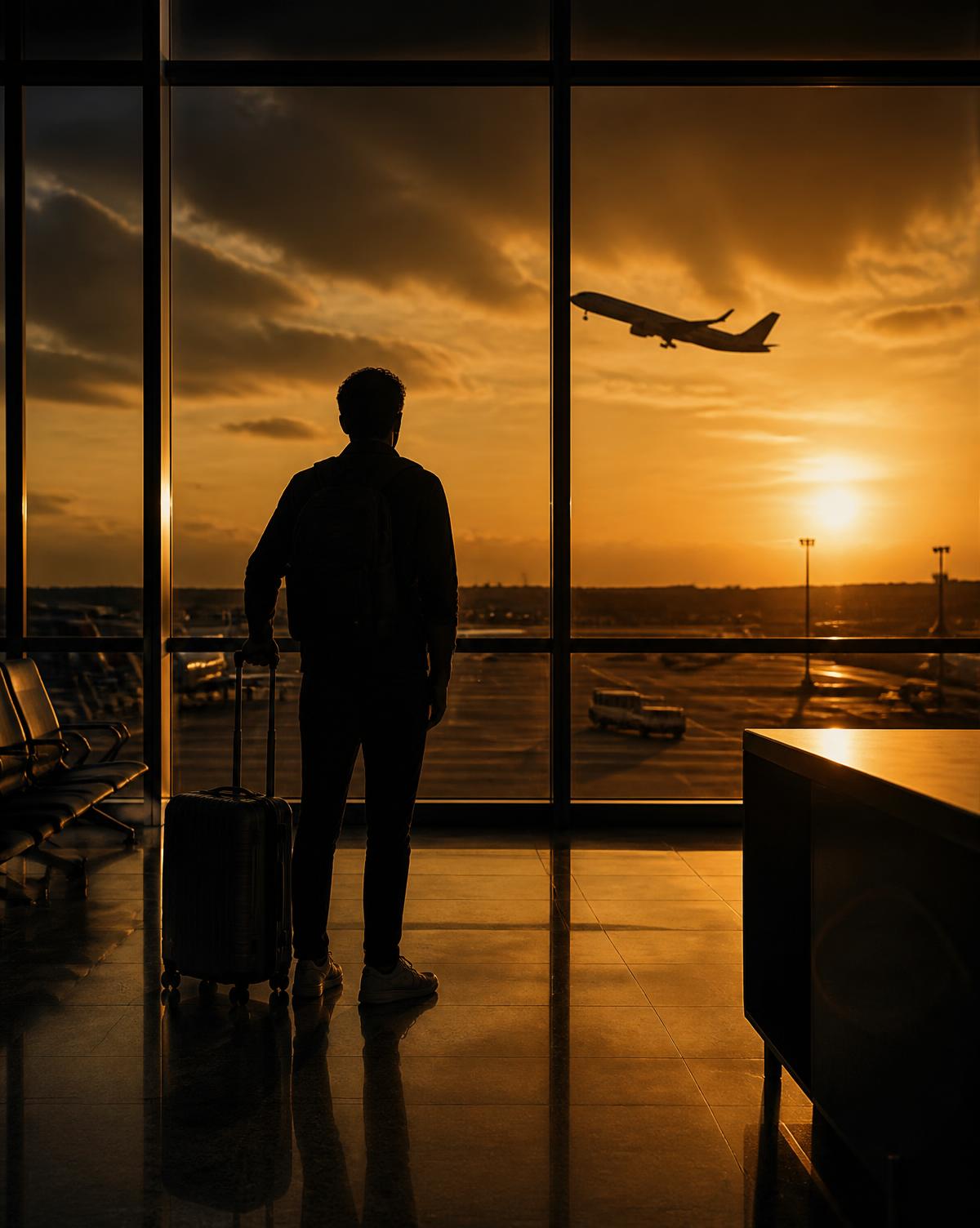 Viajante observando um avião decolar ao entardecer